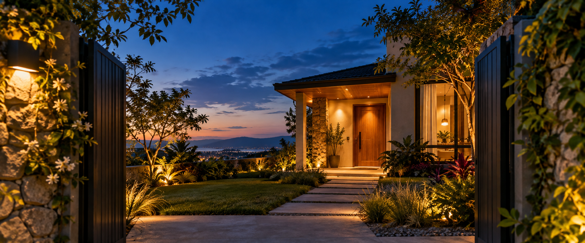 Casa iluminada ao anoitecer